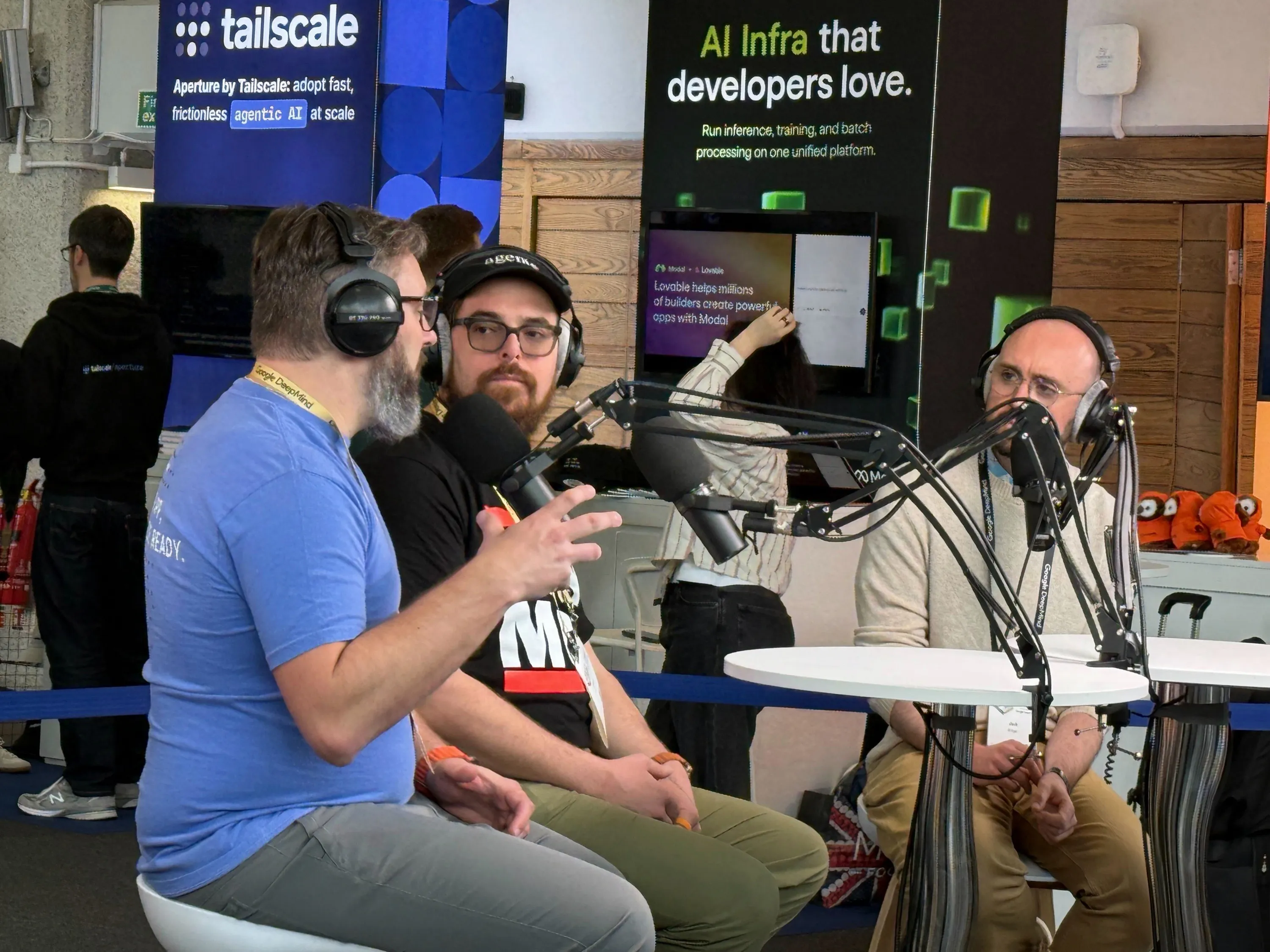 Nick, Zack, and the host recording the Scaling DevTools podcast at AIE Europe